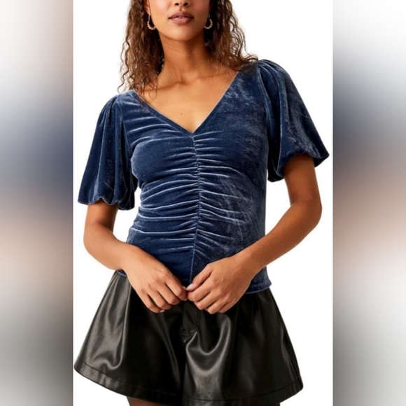 Free People Cupcake Velvet Short Sleeve Top in Outer Space (Blue Gray) - Picture 2 of 13
